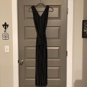 Striped jumpsuit, black with gray and white thin stripes